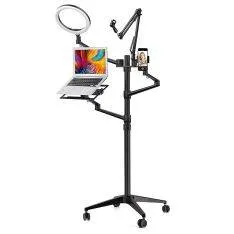 WERGON - Nova - Justerbar Alu 5-i-1 holder med hjul  m/ LED ringlys - Til Laptop/tablet/smartphone 4-17" + en Monitor skærm Max 32" - Sølv