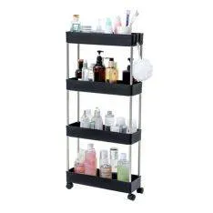 Smal Badeværelsesreol med 4 hylder og med Hjul str. 40x13x85cm - Sort