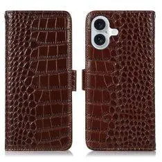 iPhone 16 - RFID ægte læder cover - Krokodille look - Brun