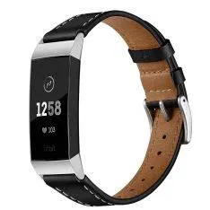 Fitbit Charge 3 / Charge 4 - Ægte læder urrem 75mm+ 115mm - Sort