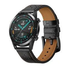 Galaxy Watch 46mm / Huawei Watch GT 46mm / Garmin Vivoactive 4 - Ægte læder rem 22mm - Sort