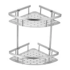 Hjørnehylde til Brusekabine/Bardeværelse i aluminium - To Hylder - To Kroge - Sølv