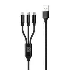 Forever 3-i-1 USB kabel - USB-C /Lightning / mikroUSB oplader kabel 1.2m - Sort
