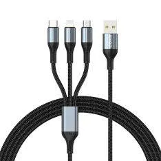 BWOO  3-i-1 USB-A til Lightning/USB-C/mikroUSB opladerkabel - 1m - Sort