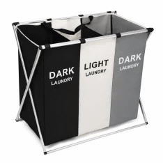 Vasketøjskurv med 3 rum (Foldbar) - 38 x 66 x 58cm - Sort/hvid/grå